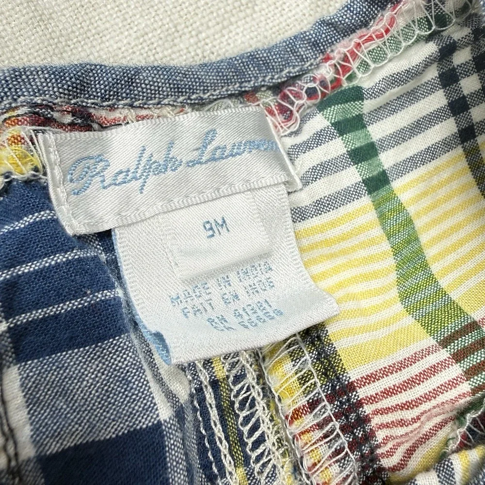 Ralph Lauren Shortalls Baby Boy 9M Plaid Patchwork Madras Western Romper FLAW